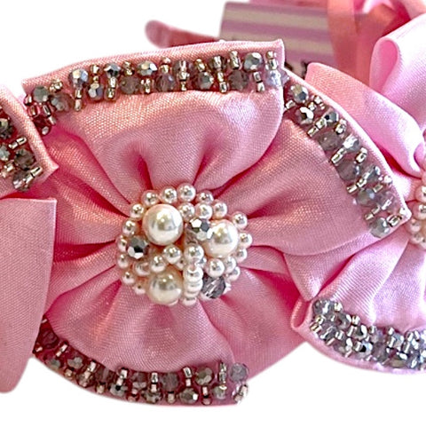 Best childrens designer, bespoke flower crown by Sienna Likes to Party, luxury accessories for children.  Hand stitched with silver metalic crystals and pink pearls