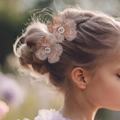 Best luxury designer childrens hair clips.  The Ninette elegant girls clip set, is entirely handmade with sparking blush crystal and pearl beads, perfect for flower girls, kids special occasionwear or birthday parties.  Designed by Sienna Likes to Party, best bespoke accessories for children