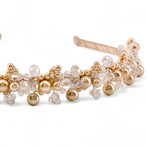 Buy the most beautiful handmade childs headband which is entirely handcrafted with gold pearl and clear cut sparkling crystal beads.  perfect childs crown for flower girls or special occasions