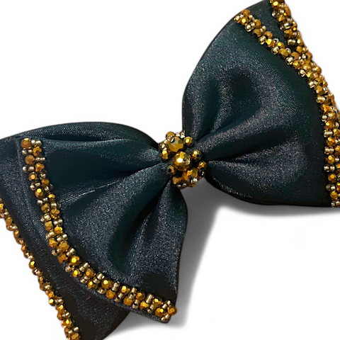 Handmade Adelia Bow Clip by Sienna Likes to Party, a black satin hair bow with gold crystal beads on a stainless steel alligator clip – perfect for special occasions