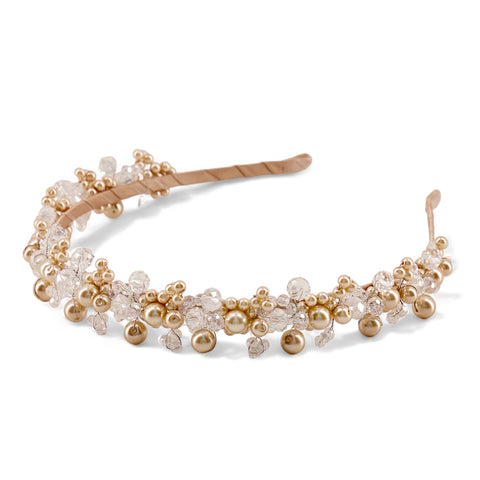 Buy Luxury girls hair accessories.  This childs headband is bespoke and handmade with gold pearl and clear cut crystals.  It is very detailed in its design by Sienna Likes to Party