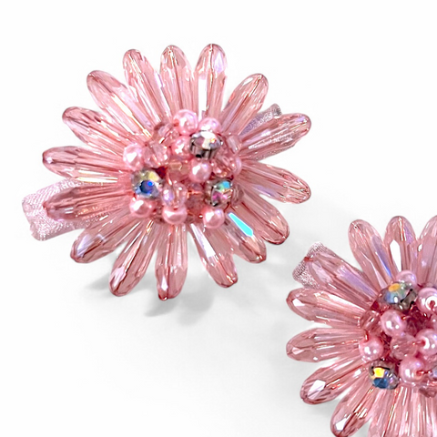 The Mia Elegant Girls Flower Hair Clip Set – handcrafted sparkling pink crystal flowers  pearl bead and pink Rhinestone centres, perfect for kids special occasions like weddings and birthdays.