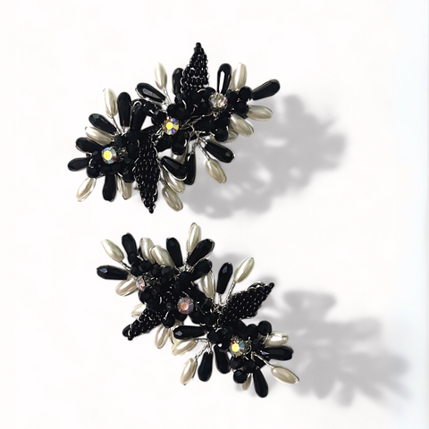 Lily Rose Clip Set by Sienna Likes to Party – handmade black crystal and white pearl hair clips on stainless alligator clips, perfect for weddings and special occasions