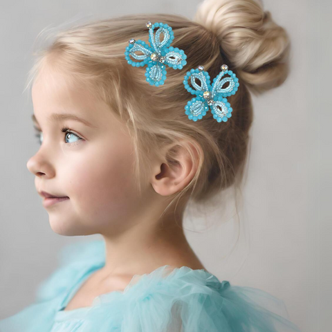 Buy the most toddler hair accessories set.   handmade with blue crystals and rainbow diamantes, creating adorable butterfly hair clips.  Worldwide shipping