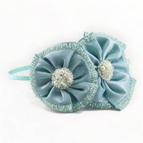 Best Flower Girl Hair Accessories - The Angelina Headband is uniquely handmade with soft mint green satin and highly hand embelished with crystal and pearl beads for the perfect sparkle for kids special occasionwear.