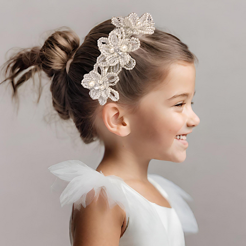 Luxury bridal and communion headbands for girls.  A bespoke flower crown entirely handmade with pearls and crystals in white