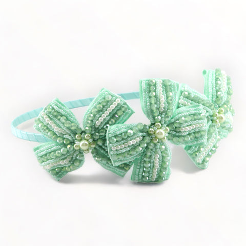 Luxury Childrens hair Accessories - The Jolie Kids Headband is entirely handmade and highly embelished with pastel mint grean crystals and pearls on a satin headband.