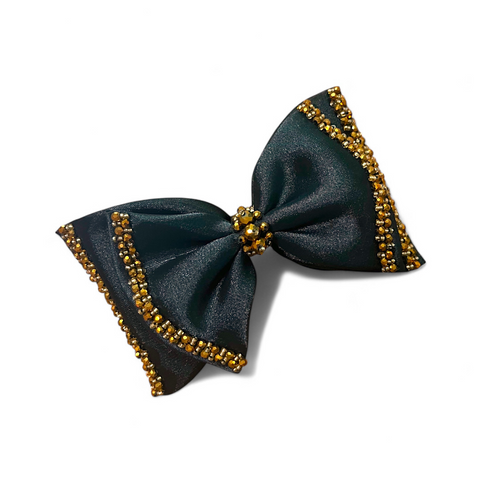 Handmade Adelia Bow Clip by Sienna Likes to Party, a black satin hair bow with gold crystal beads on a stainless steel alligator clip – perfect for special occasions