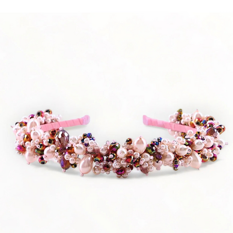 Buy best handmade luxury headband for children, uniquely hand beaded with pale pink beads and rainbow crystals, creating the perfect sparkle for children's special occasions.