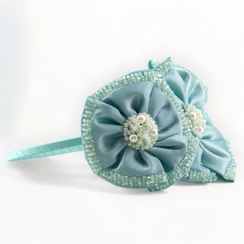 Best Flower Girl Hair Accessories - The Angelina Headband is uniquely handmade with soft mint green satin and highly hand embelished with crystal and pearl beads for the perfect sparkle for kids special occasionwear.