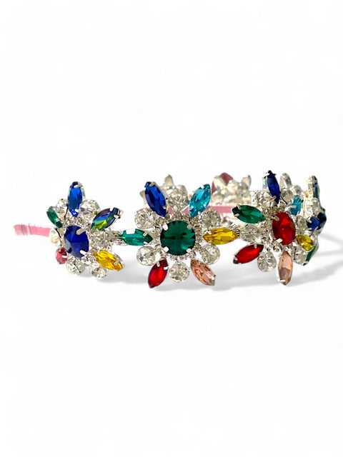 Individually handcrafted rhinestone crown for kids.  This multi coloured diamante headpiece is designed by Bespoke Kidswear brand Sienna Likes to Party