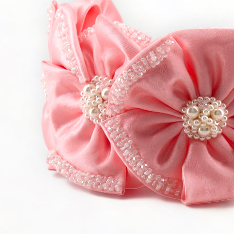 Premium Handmade pink satin flower headband, hand stitched with crystal and pearl beads, perfect for weddings, birthdays, and special occasions