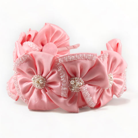 Buy Best Designer Girls Hair Accessories in pink. Premium satin and pearl headband for weddings and birthdays.