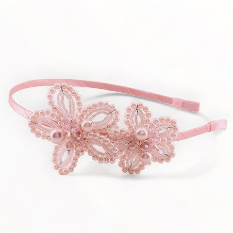 Buy best pink designer childs hair accessories.  The garden party flower headband is handmade with pink pearl and crystal beads.  Perfect bridal accessories for girls