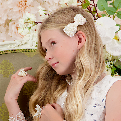 Luxury Girls Pearl Hair Bows for Flower Girls and special occasionwear designed and handmade by Sienna Likes to Party brand for childrens accessories