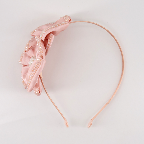 Soft Apricot hair accessories for kids by Sienna Likes to Party. Best handmade flower crown for children  perfect for weddings, bridal, or childs special occasions.  Created with pastel apricot satin and hand stitched with hundreds of ctystals and pearls, sparkling elegance.