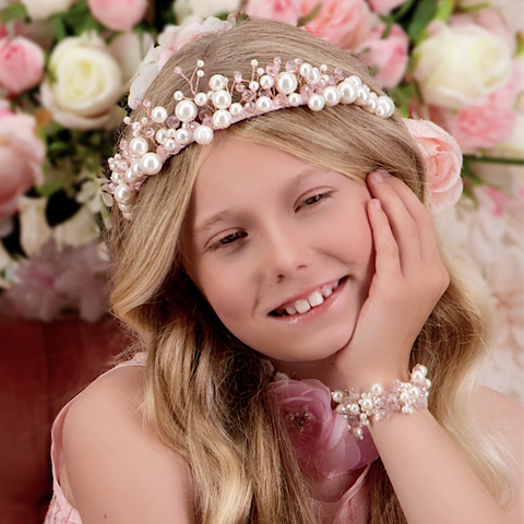 Best Luxury Designer Girls Princess crown.  This tiara is handmade with pink pearls and crystals, perfect for childrens parties and special occasions.