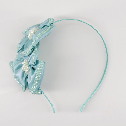 Best elegant childrens hair Accessories - The Angelina Headband is uniquely handcrafted with soft mint green satin and highly hand stitched with crystal and pearl beads for the perfect sparkle for kids birthday parties, or Easter gifting