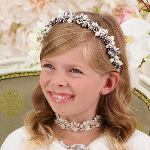 Girls Pearl Headband with silver crystal and pearl beads designed by Sienna Likes to Party - Premium Event Wear for Kids